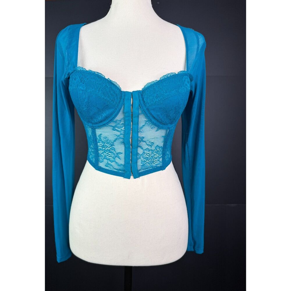 Sincerely Jules Teal Lace Corset Top Size S Long Sleeve Mesh Bustier Y2K